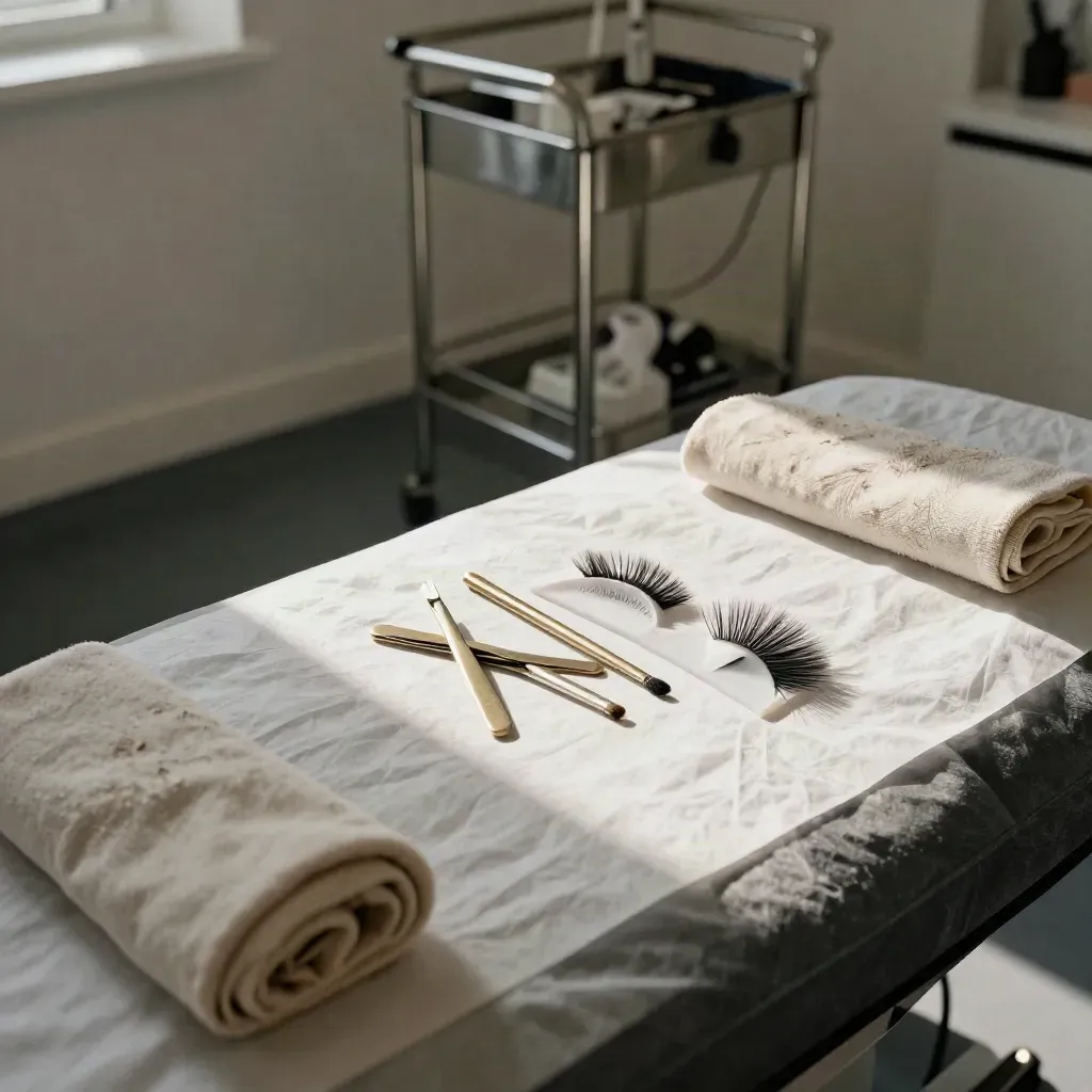 Lashstudio met wimperextensions, gouden tweezers, trays en behandeltafel in zacht ochtendlicht.