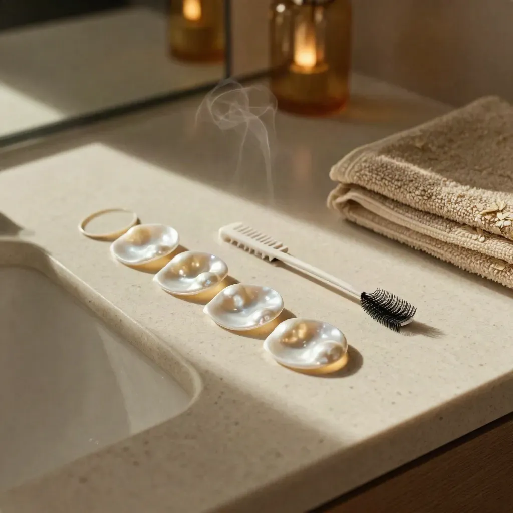 Lash lift materialen op keramiek met shields, spoolie en gekrulde wimperstrip.