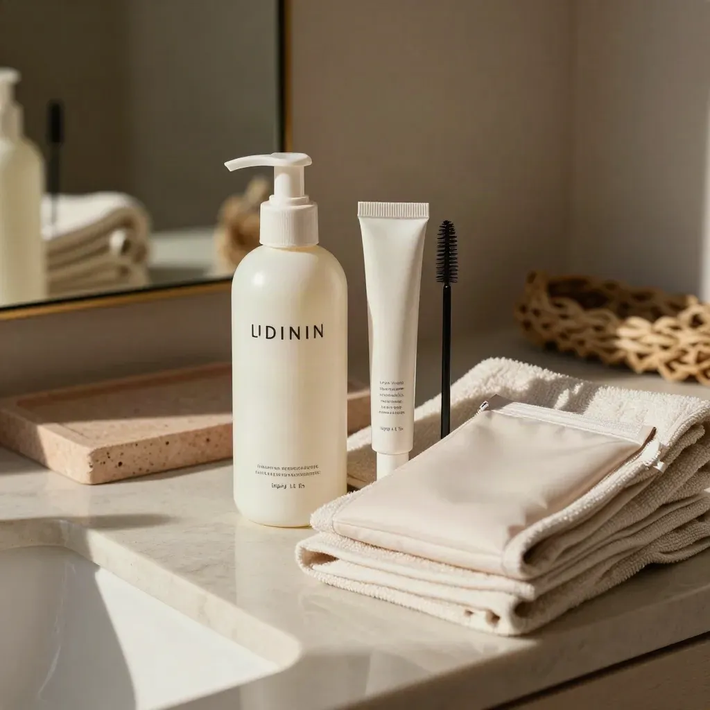 Nazorgset met shampoo, brush, sealant en pouch op een licht handdoekje in warm salonlicht.