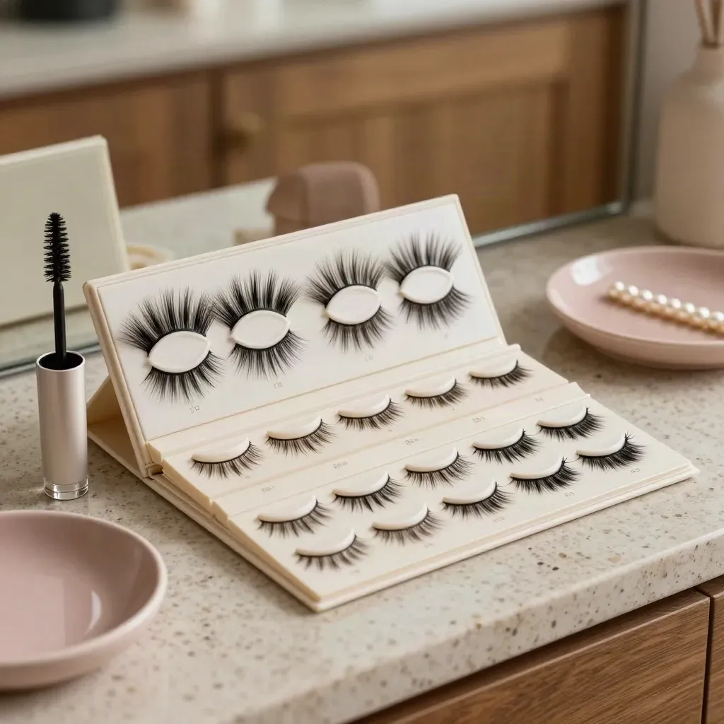 Lash trays, mascarawand en curl-maps op travertijn in zacht ochtendlicht.