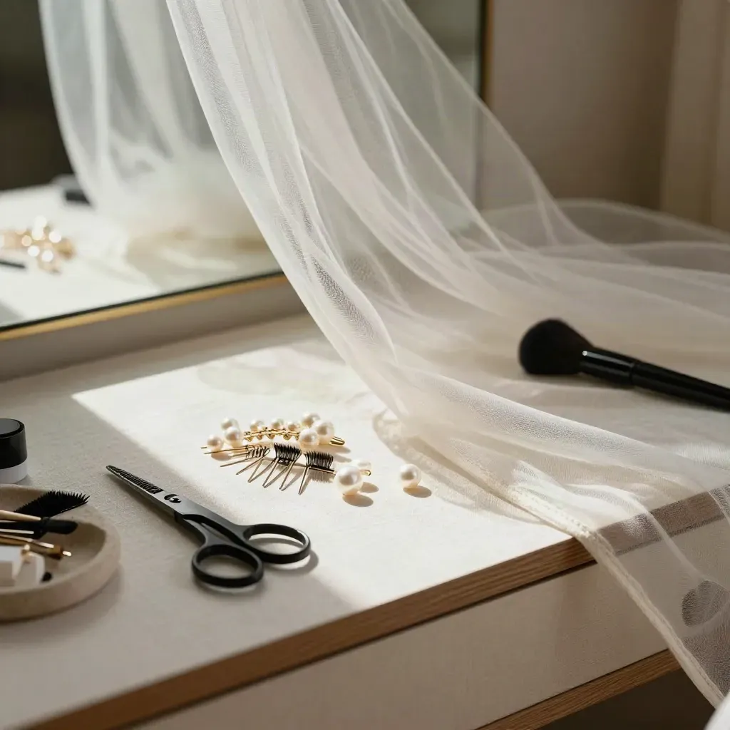 Bruidsvanity met sluierstof, parelhaarspelden en lash trays op crèmekleurig linnen