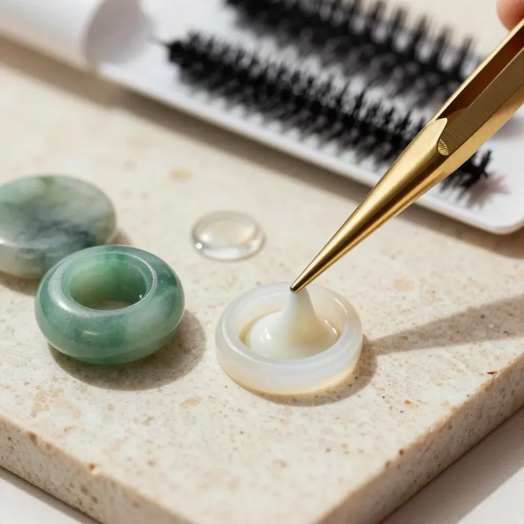 Goudkleurige pincet, lash tray, jade steen en lijmringen op travertin, van boven in macro.