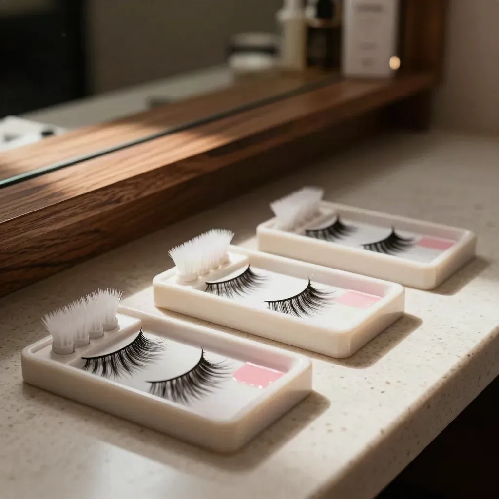 Drie lash trays met spoolies en sealantflesjes op travertin in een luxe wimperstudio.