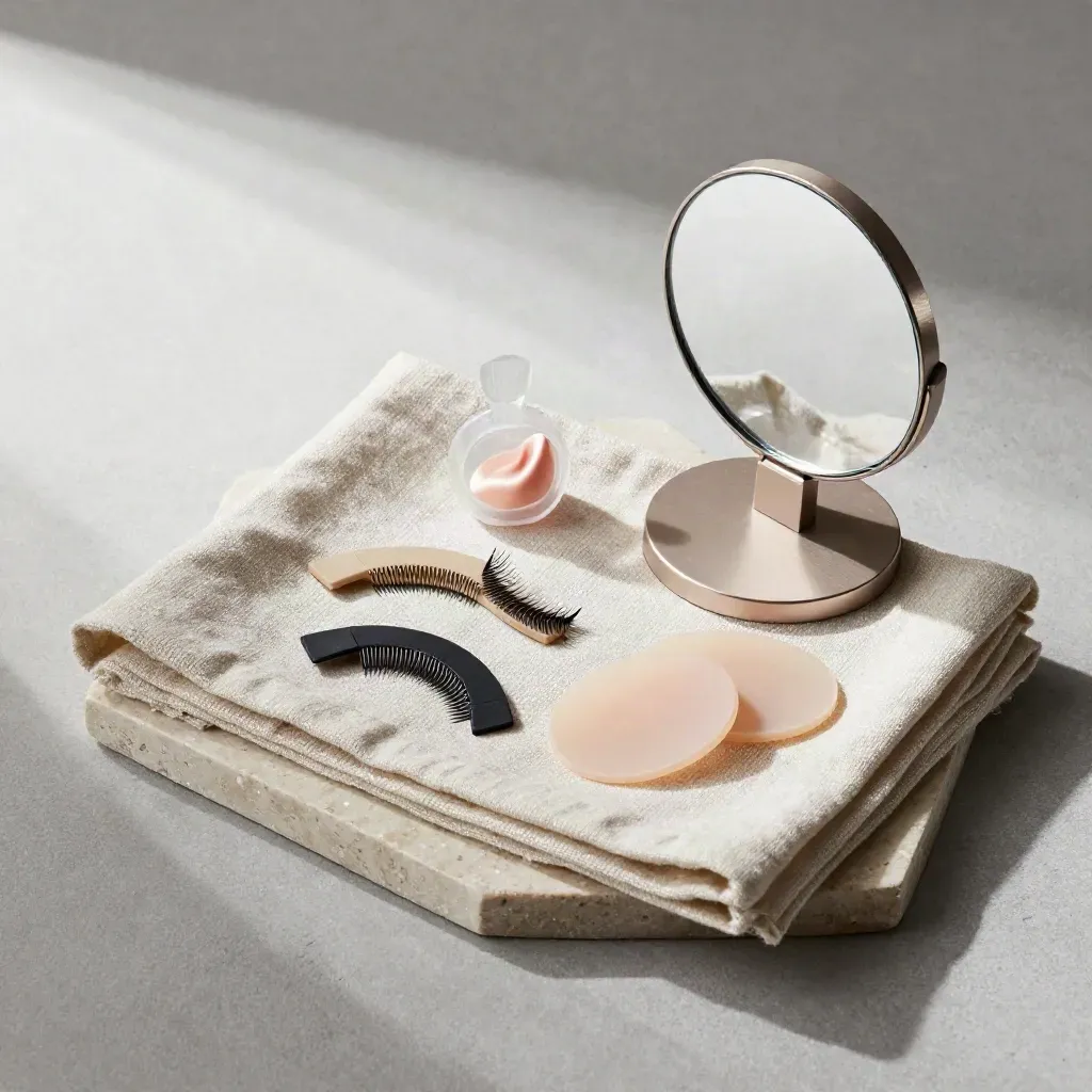Overhead consultatietray met lash samples, silicone pads, cleanserpod en spiegelvoet op steen.