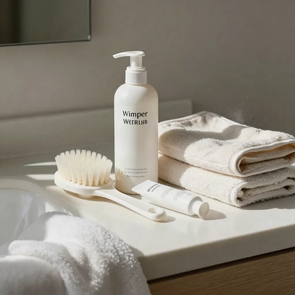 Nazorgset met cleanser, spoolie, sealant en pouch op een lichte vanity.