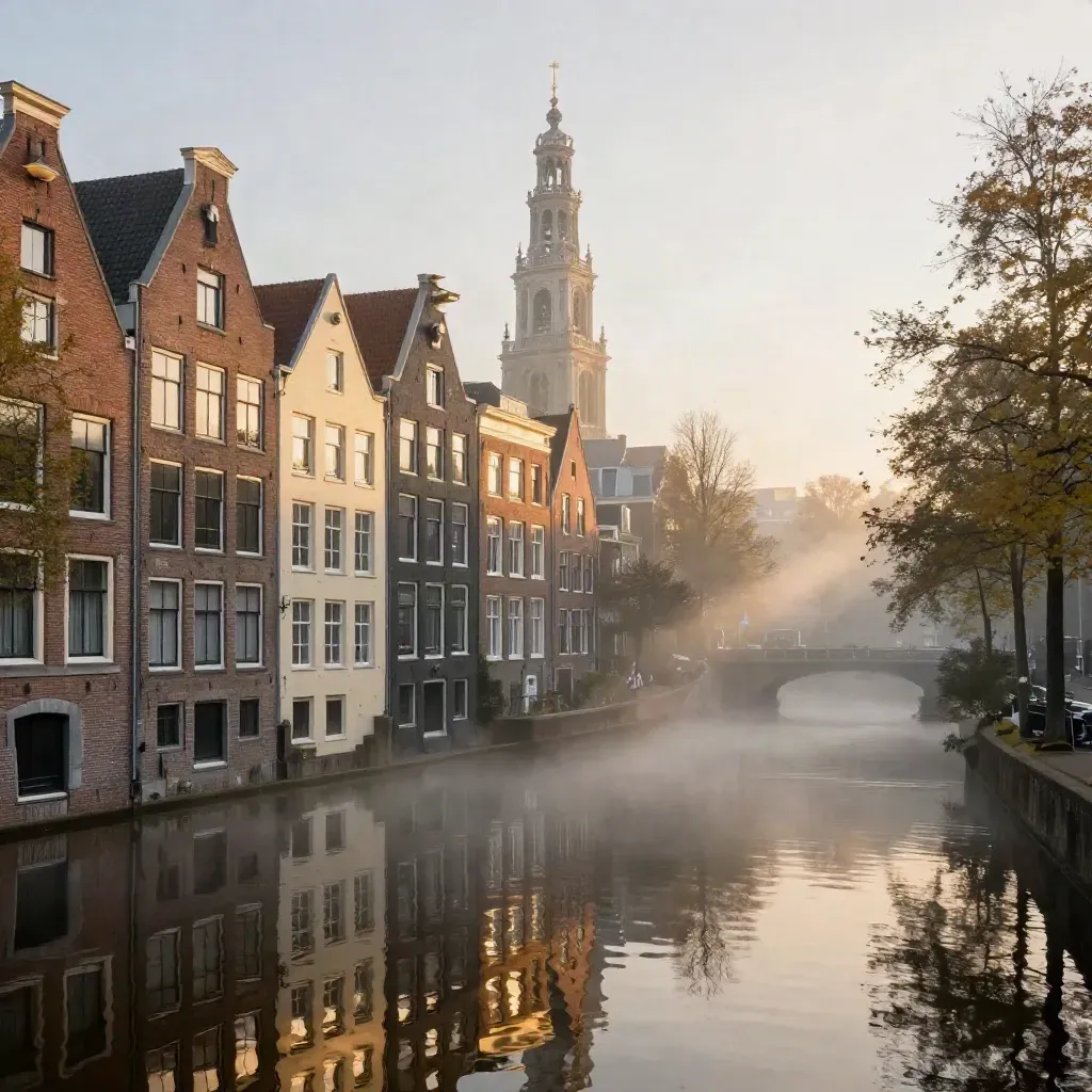 Amsterdamse grachtenhuizen en kerktoren boven stil water in gouden ochtendmist