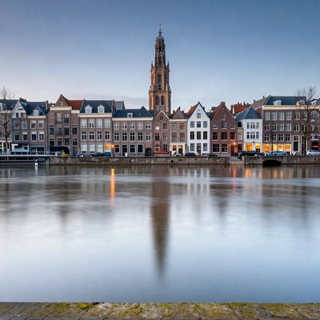 Domtoren boven Utrechtse grachten en spiegelglad water in blauwuur