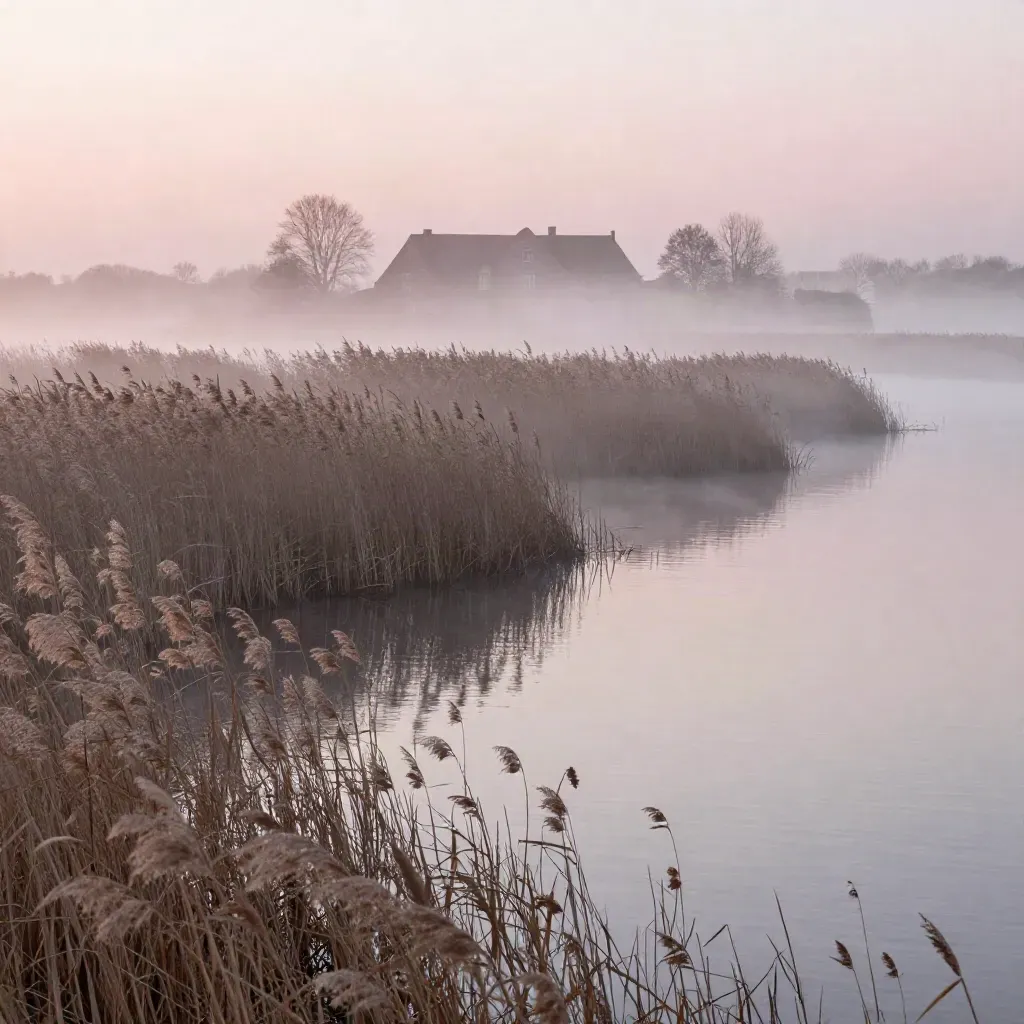 Mistige Vechtstreek met riet, water en een lage manor bij zonsopkomst.